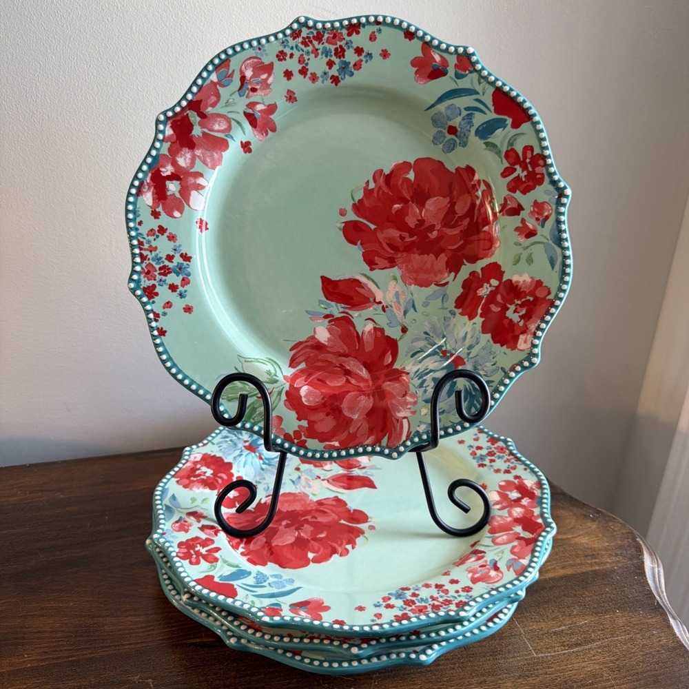 Pioneer Woman Garden Floral Set of 4 Dinner Plates Scalloped Edge 10.5"